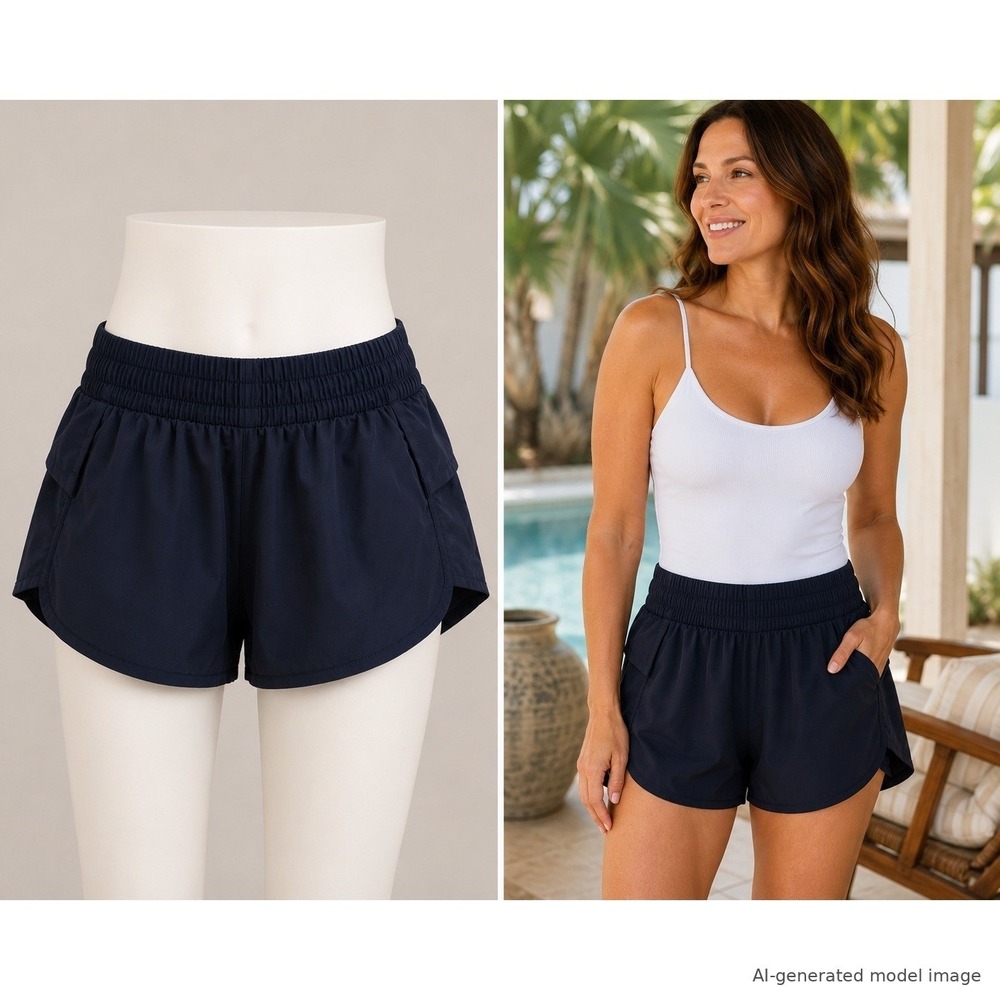 Peach Navy Blue Smocked Waist Running Shorts with Pockets and Liner Size M